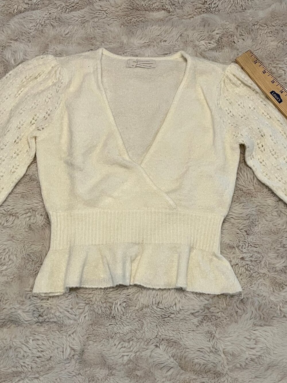 Urban Outfitters Ivory Pointelle Peplum Sweater Small Coquette Cottagecore